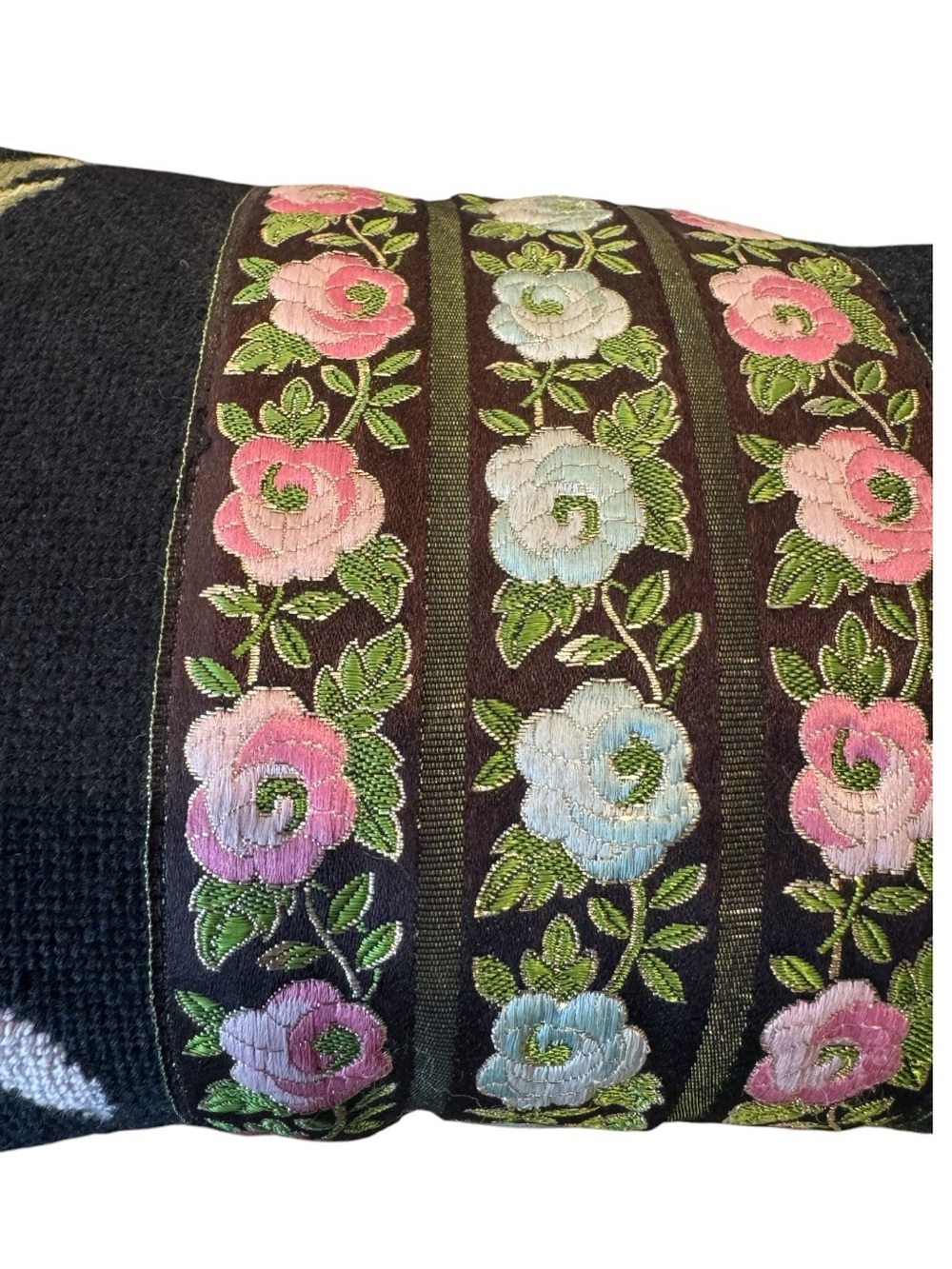 Embroidered Floral Bolster Pillow with Tassels - Botanical Garden Cottagecore - Picture 6 of 8